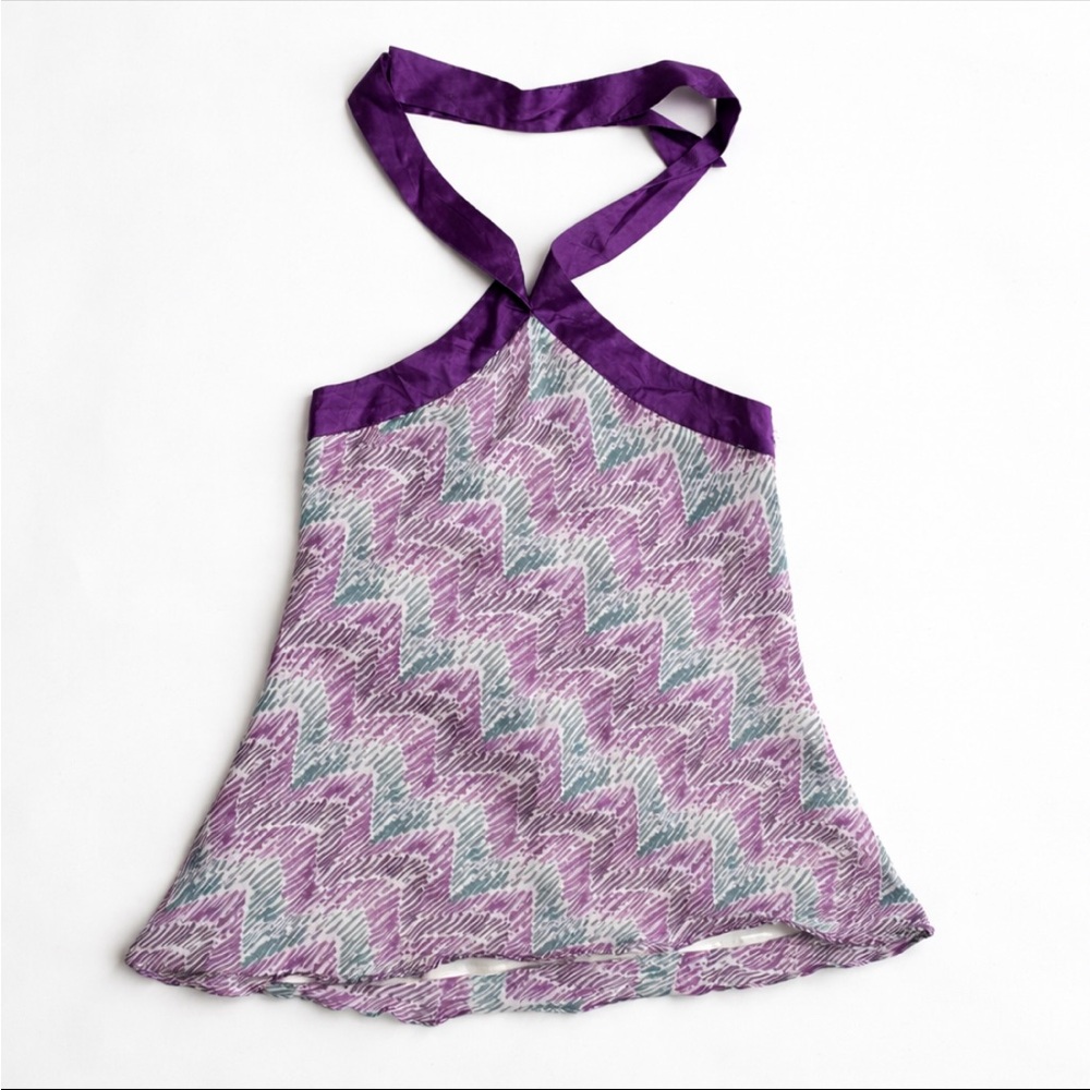 Y2K RW&CO Silk Halter Top Woman Small Purple Zigzag Print Sheer Asymmetrical